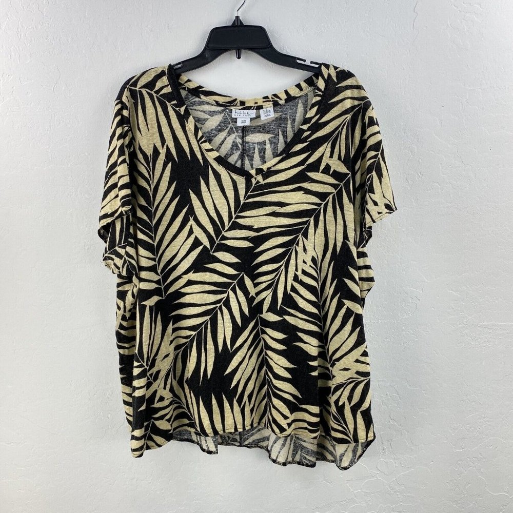 Nicole Miller Linen Top Womens 3X V-Neck Popover Palm Pattern Black Beige
